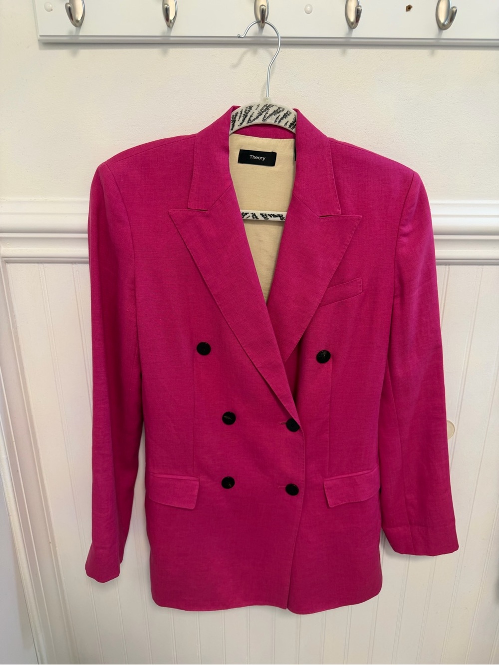 Theory Linen Double-Breasted Hot Pink Blazer